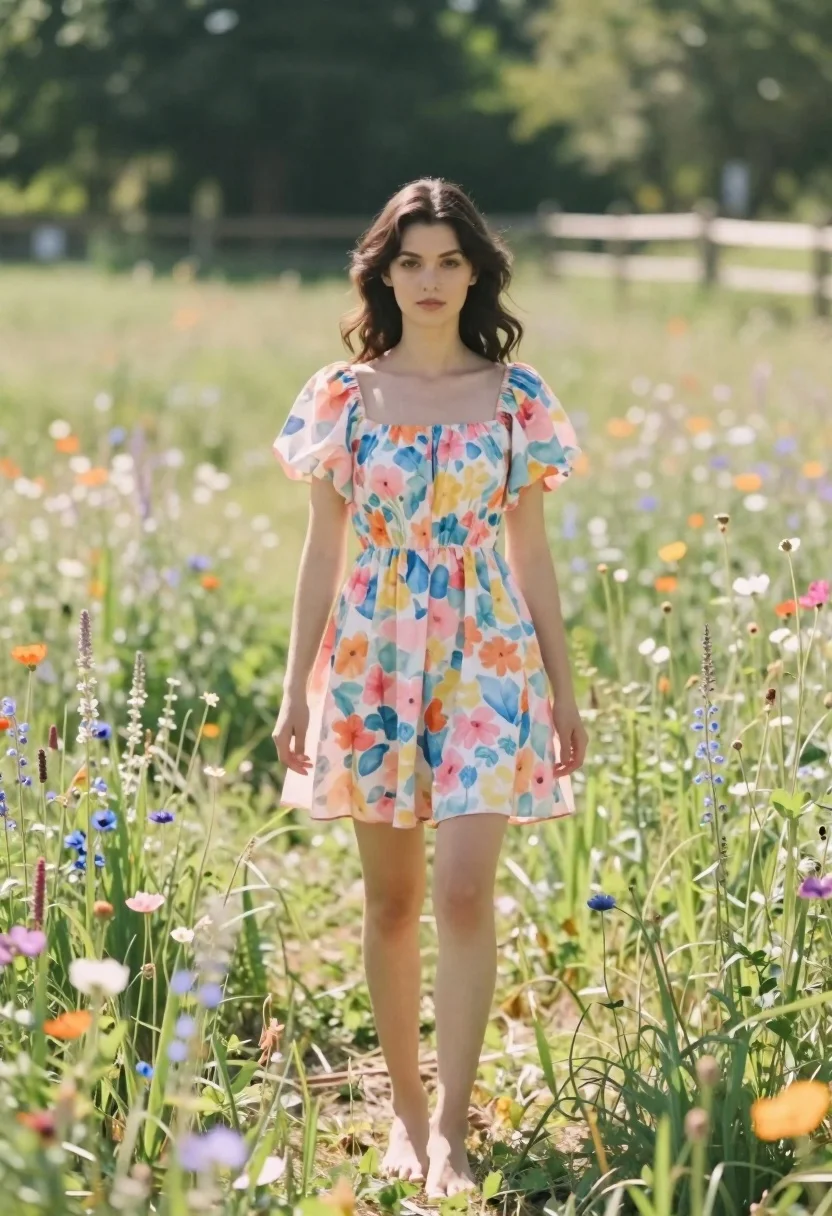 Young woman in floral dress standing in sun drenched meadow field - AI generated image prompt sample