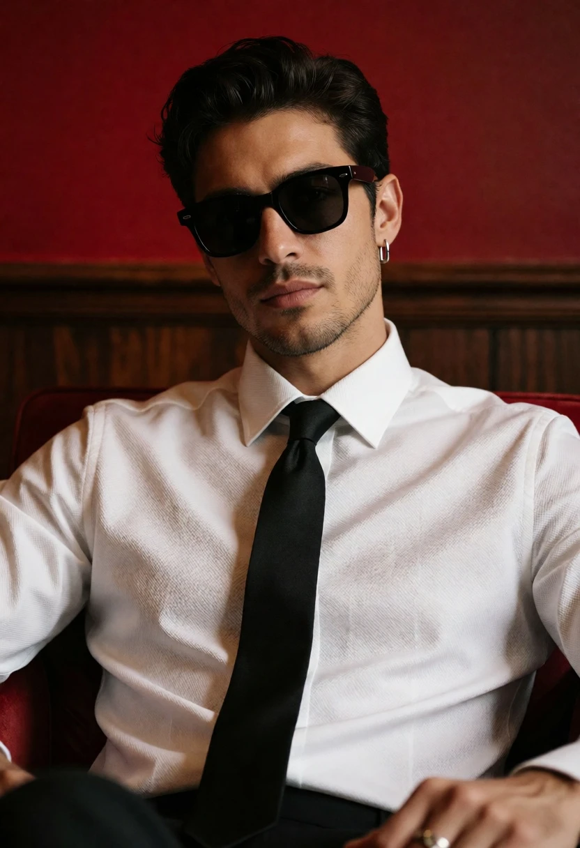 Stylish man in white shirt and black tie against rich red paneled - AI generated image prompt sample