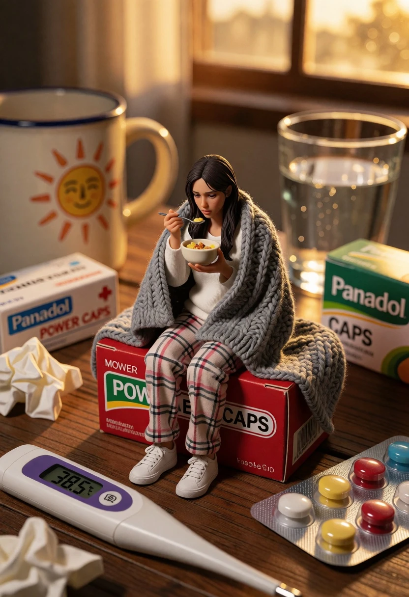 Hyperrealistic miniature woman eating on medicine box with warm sunlight - AI generated image prompt sample