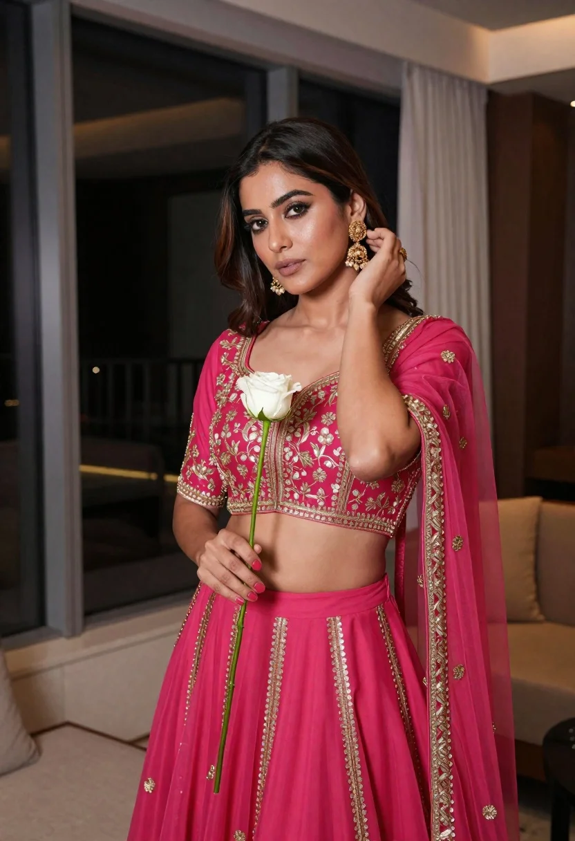 Woman in pink embroidered lehenga holding white rose in modern interior - AI generated image prompt sample