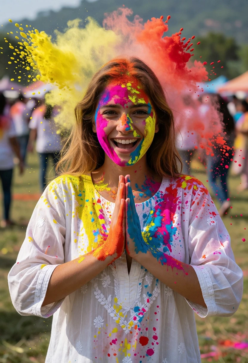 Joyful young woman covered in colored powder during vibrant outdoor festival celebration - AI generated image prompt sample