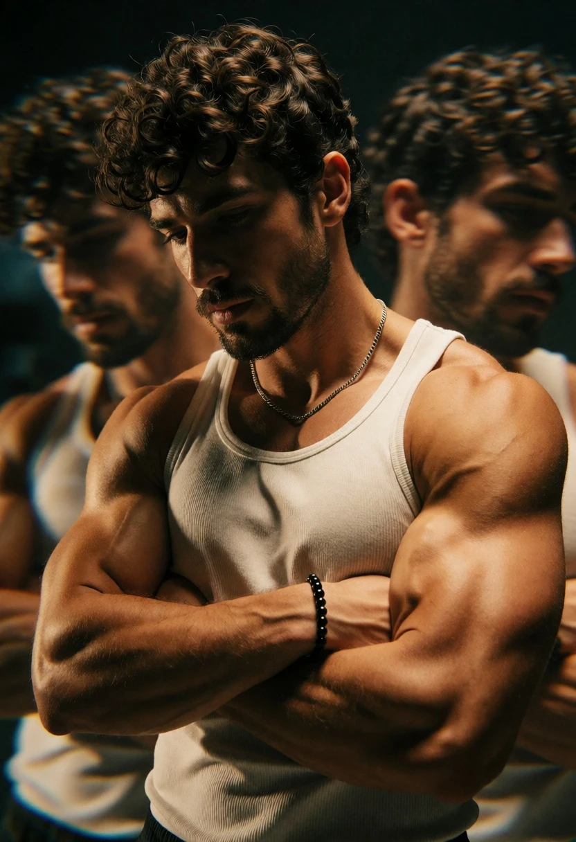 Muscular man in white tank top surrounded by ghostly motion duplicates - AI generated image prompt sample