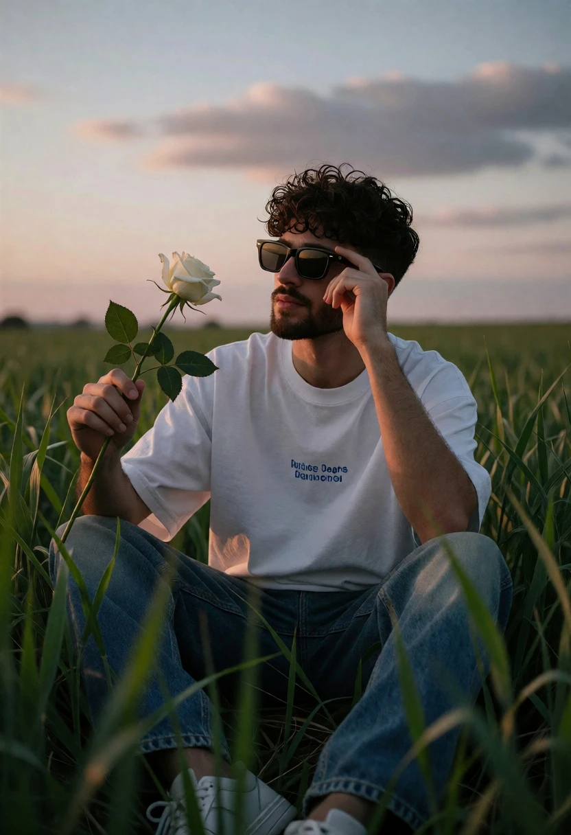 Young man in white tshirt sitting crosslegged in tall green field at - AI generated image prompt sample