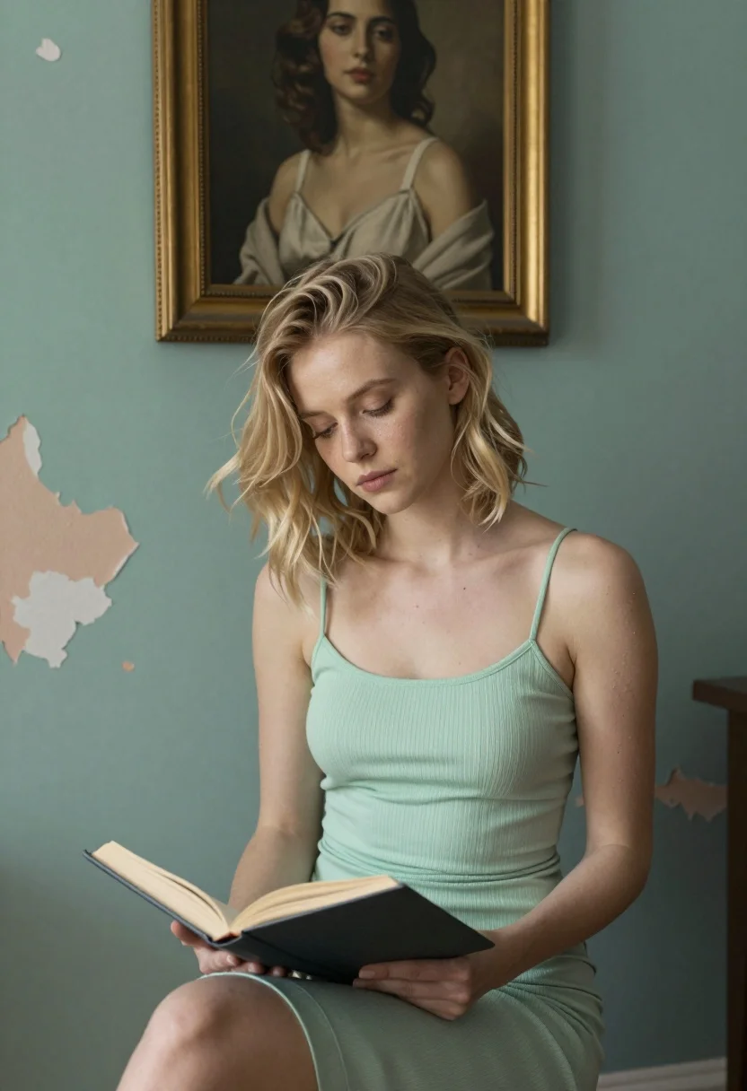 Blonde woman reading book indoors against peeling distressed teal paint wall - AI generated image prompt sample