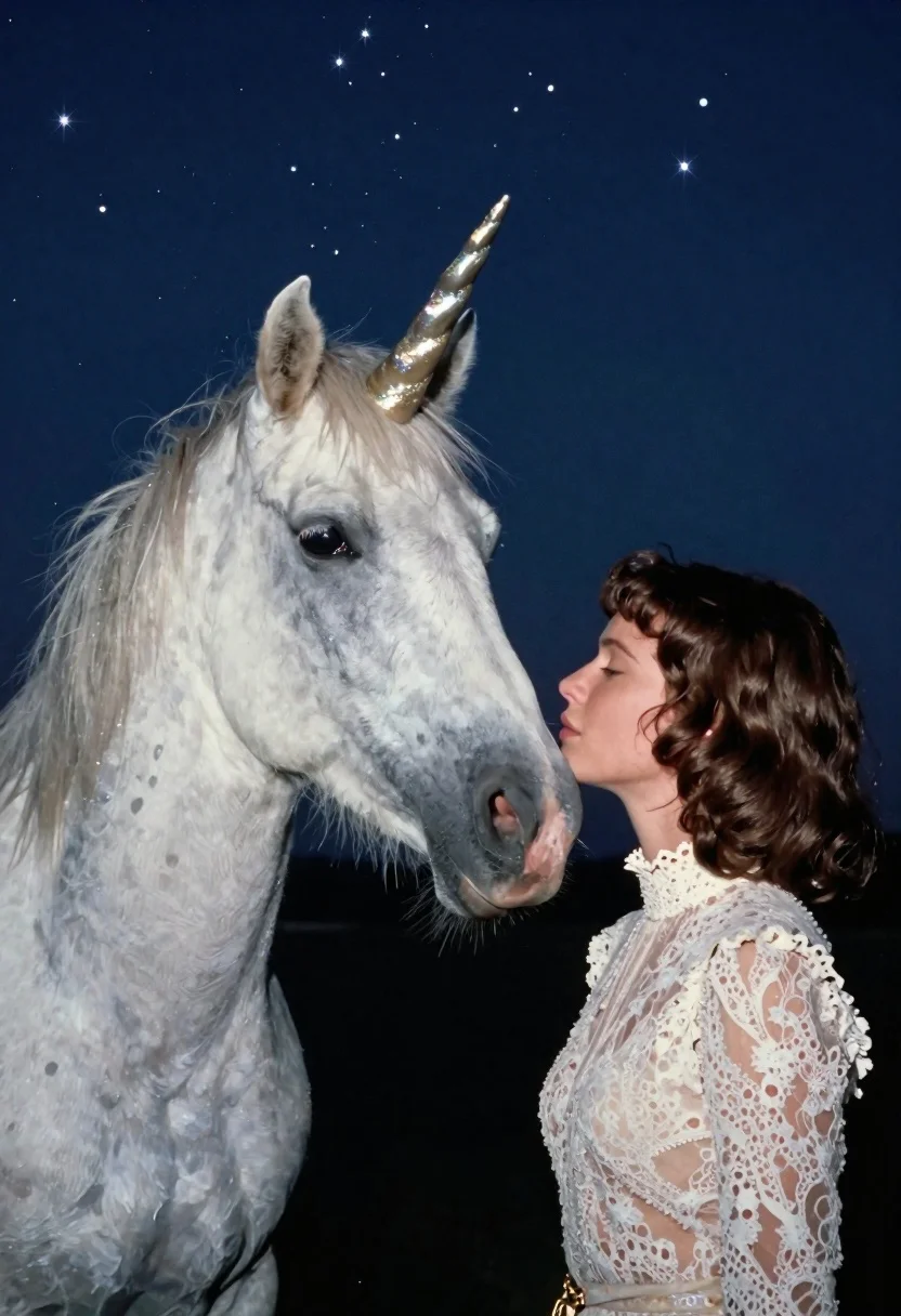 Woman kissing unicorn nose under starry night sky