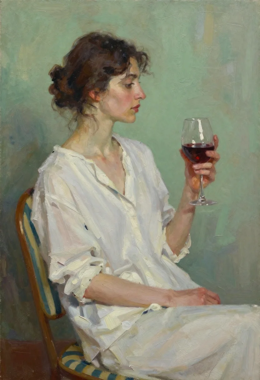 Woman holding wine glass seated against green wall oil painting - AI generated image prompt sample