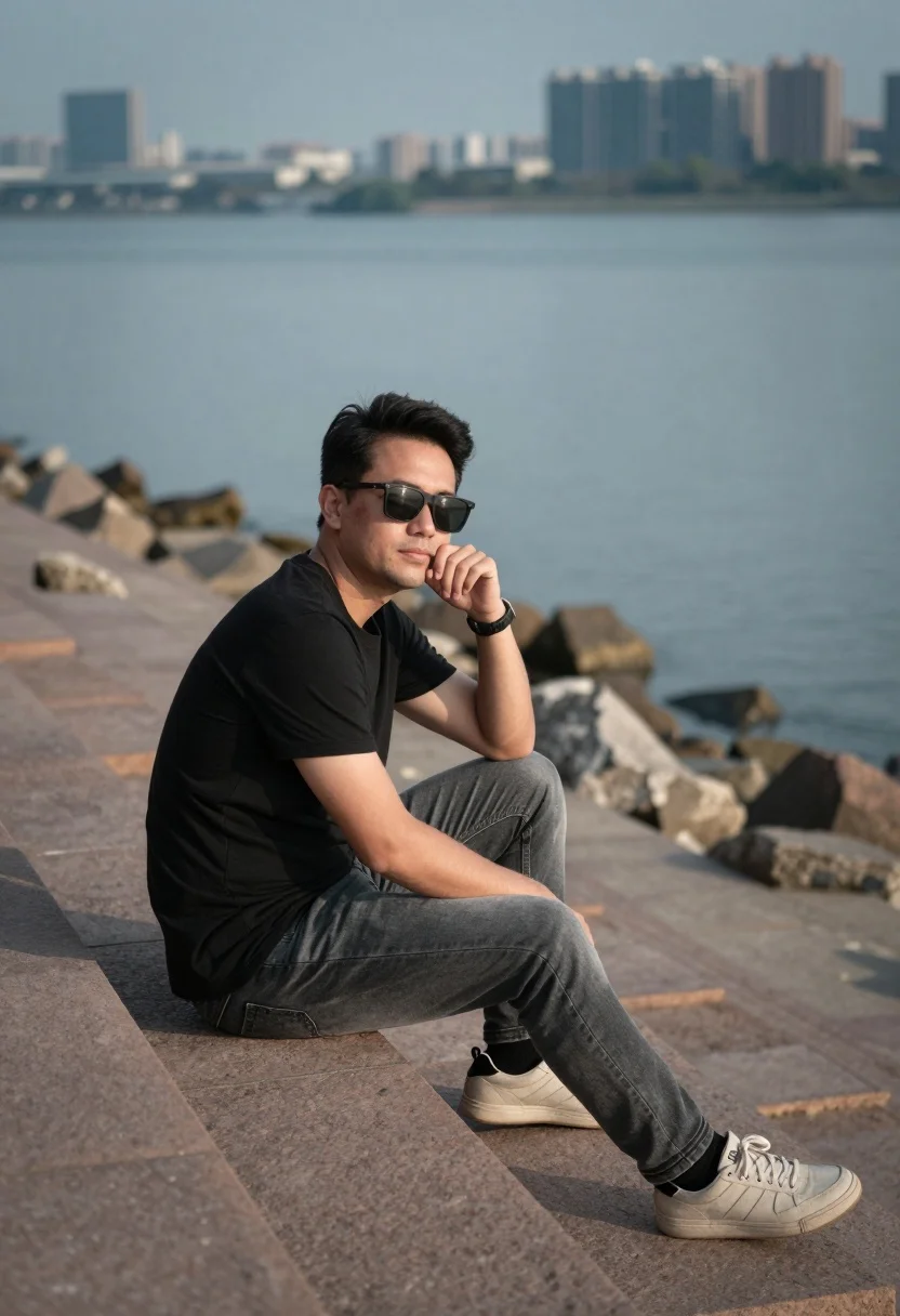 Man sitting on stone embankment overlooking water and distant city skyline - AI generated image prompt sample