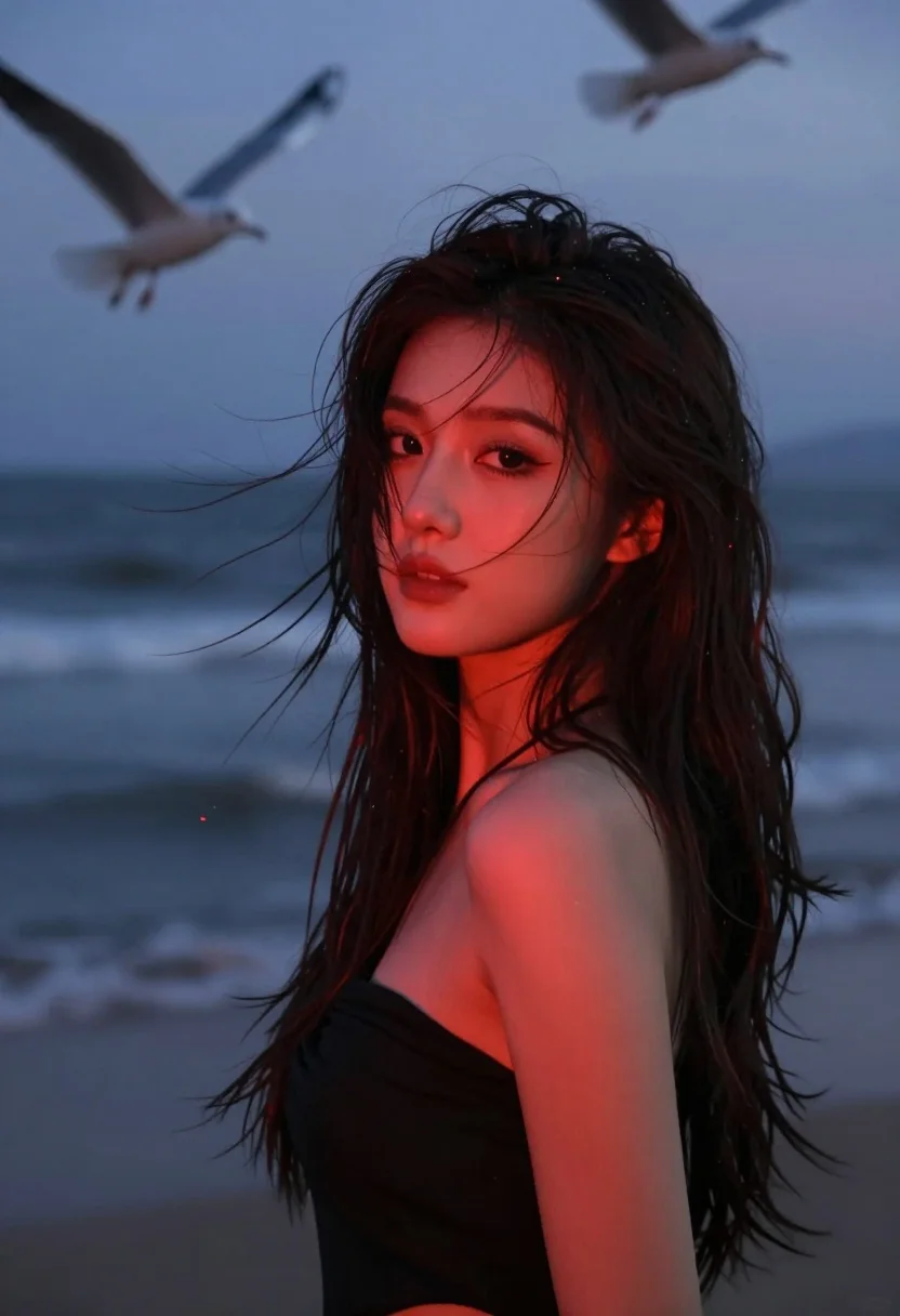 Young woman with dark hair on beach at dusk illuminated by red - AI generated image prompt sample