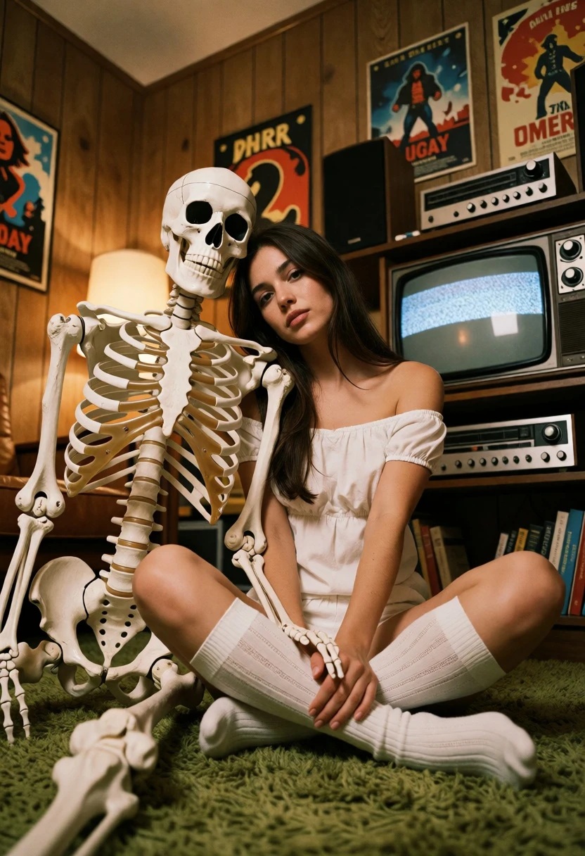 Young woman seated near skeleton model in retro 1970s living room - AI generated image prompt sample