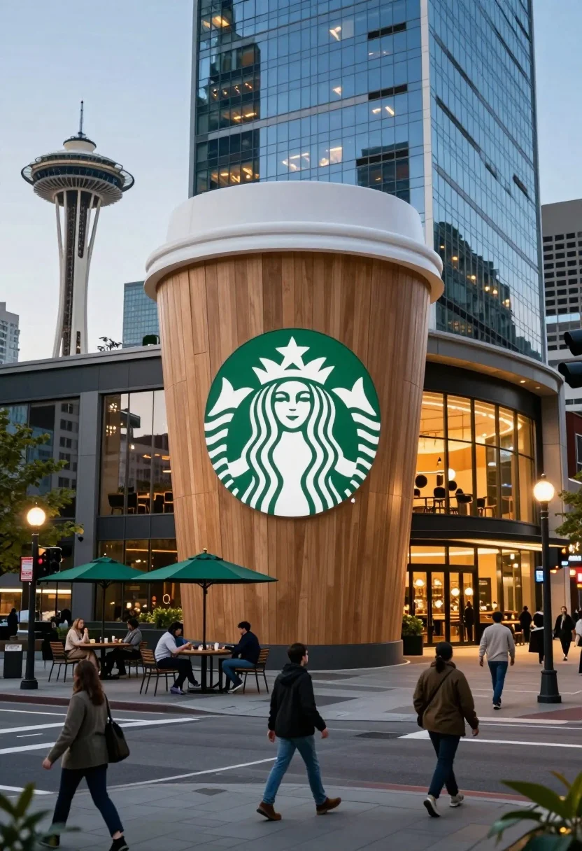 Giant coffee cup building in modern urban plaza at dusk with skyscrapers - AI generated image prompt sample