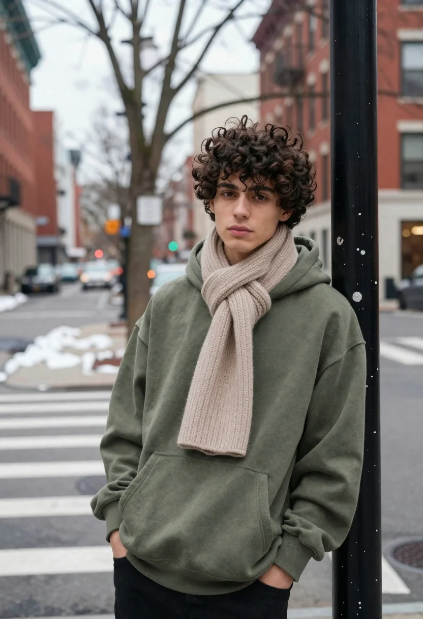 Young man in olive sweatshirt leaning against pole on city sidewalk - AI generated image prompt sample