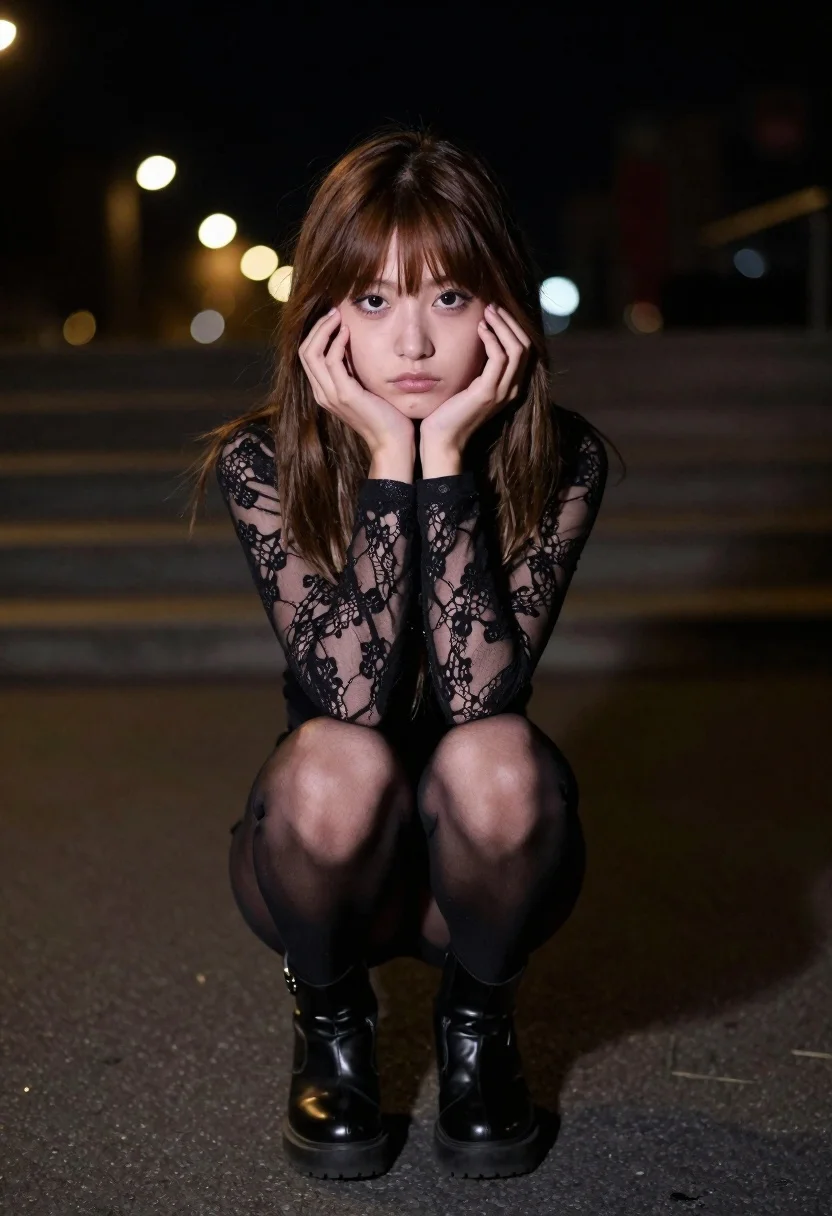 Moody portrait of young woman crouching on asphalt at night - AI generated image prompt sample
