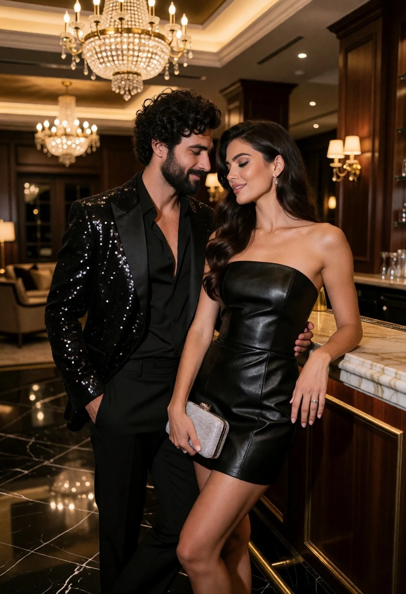 Glamorous couple posing intimately in an opulent hotel lobby setting - AI generated image prompt sample