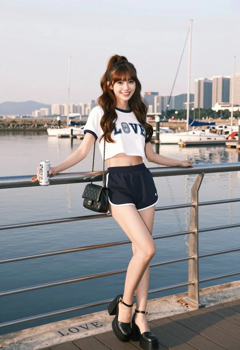 Young woman smiling by pier railing overlooking harbor city skyline at golden - AI generated image prompt sample