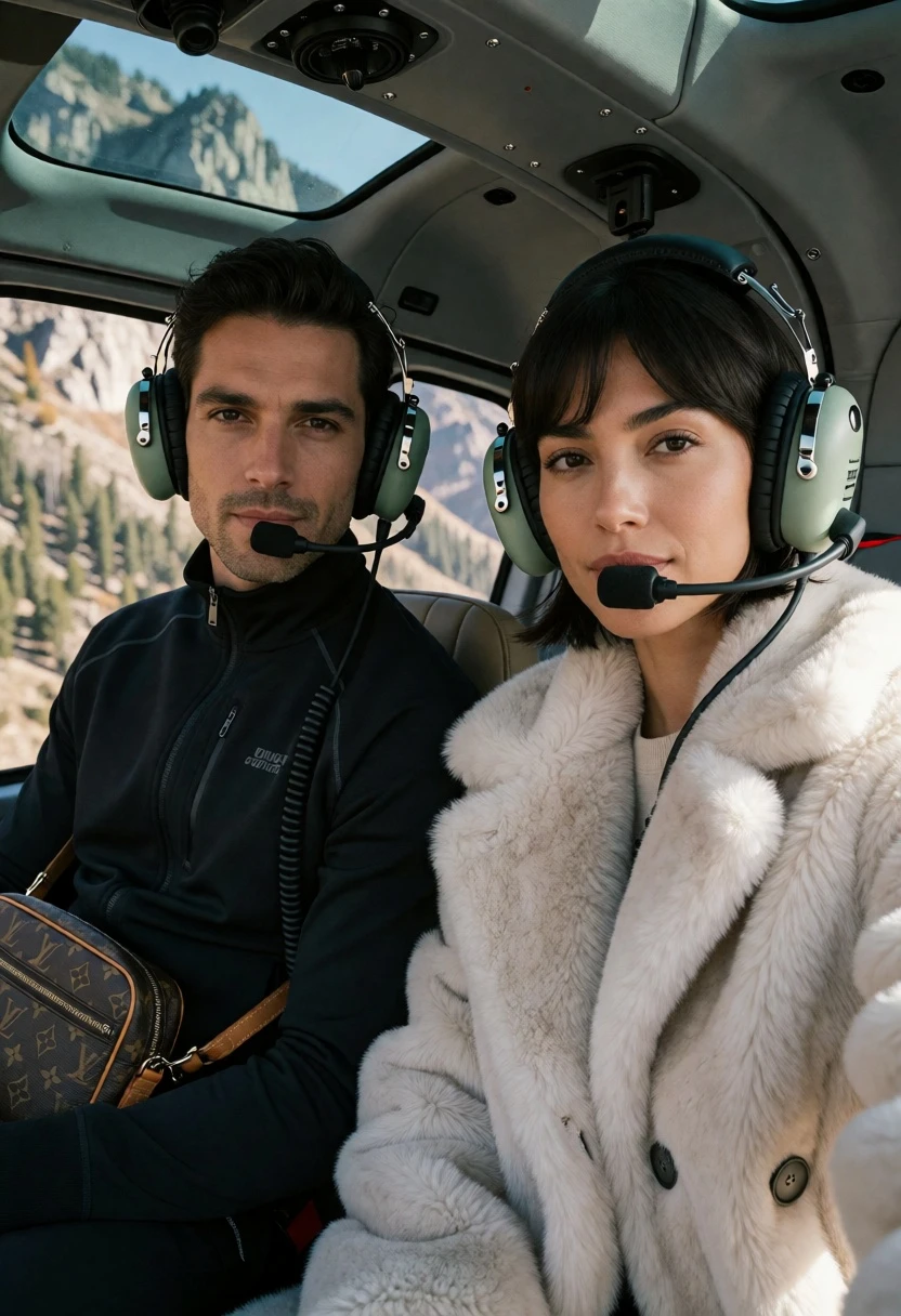 Two people in aviation headsets inside a helicopter cabin overlooking mountains - AI generated image prompt sample