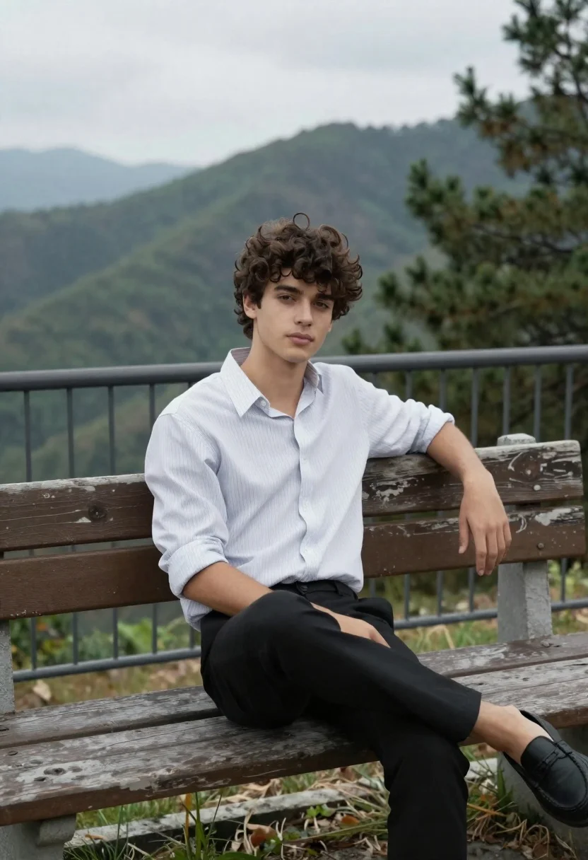 Young man sitting on bench overlooking green mountains and pine trees - AI generated image prompt sample