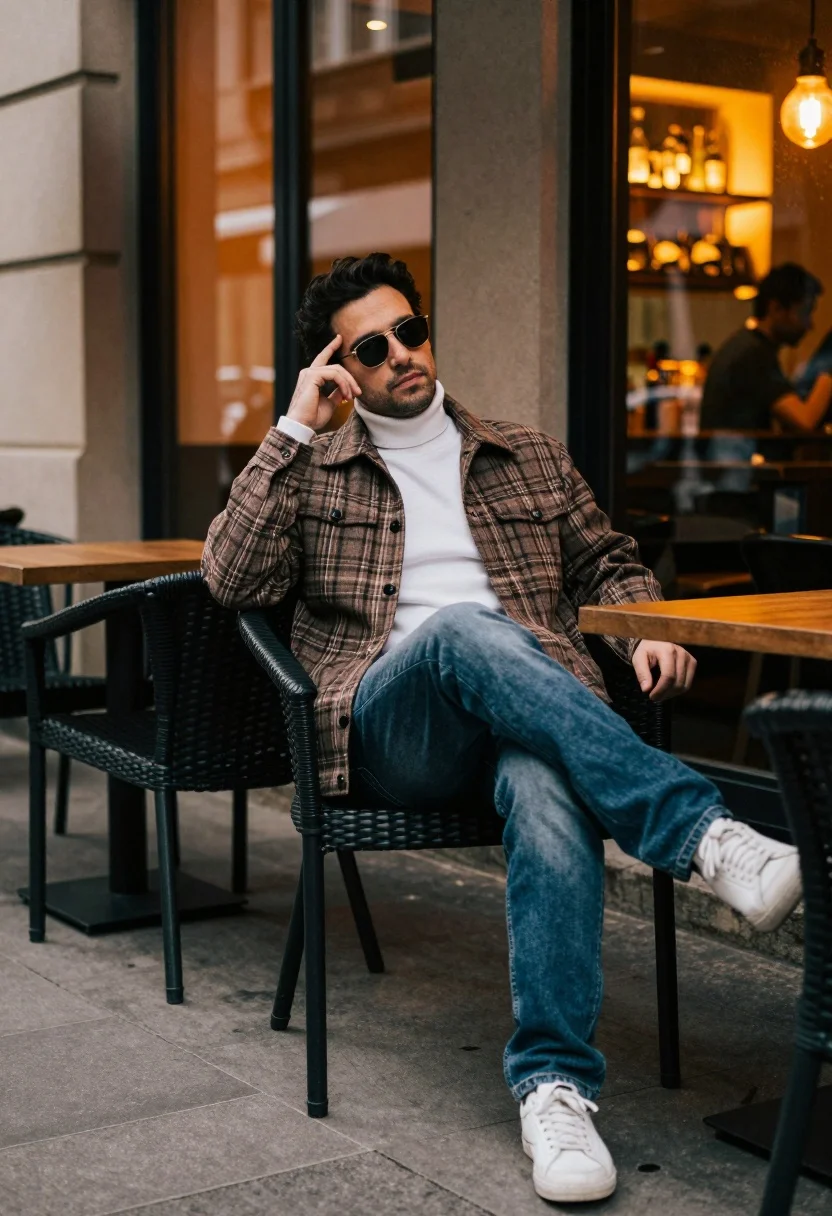 Man in plaid jacket sitting at outdoor cafe table looking away - AI generated image prompt sample