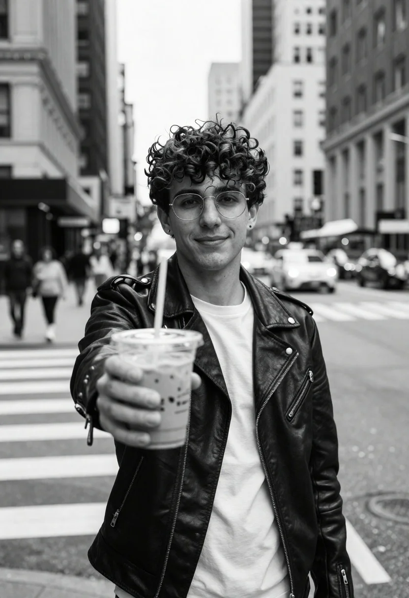 Young man in biker jacket offering iced coffee on busy city street - AI generated image prompt sample