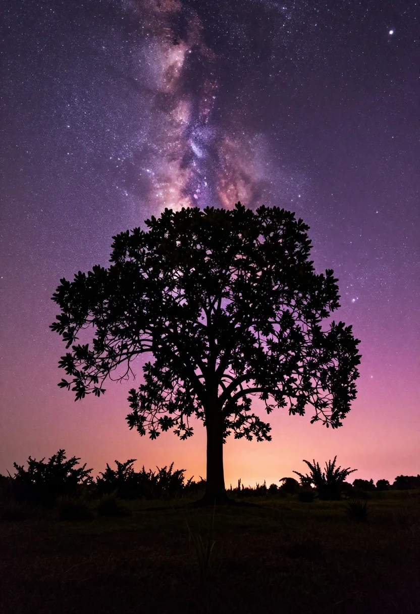 Solitary tree silhouette against vibrant starry milky way night sky landscape - AI generated image prompt sample