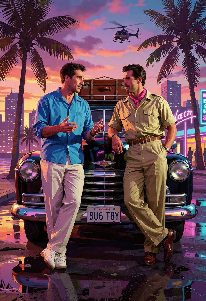 Two men by vintage car at tropical waterfront during vibrant golden hour - AI generated image prompt sample