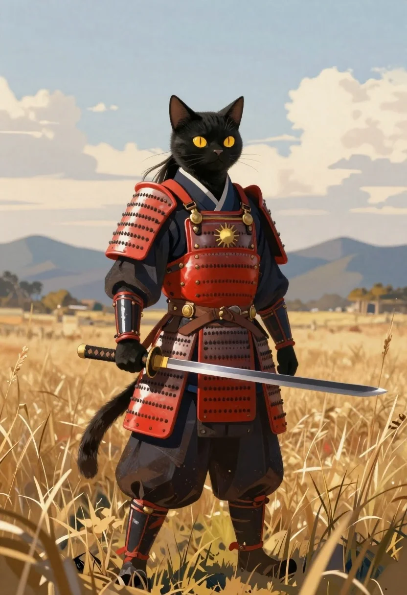 Black cat warrior in samurai armor standing in field - AI generated image prompt sample