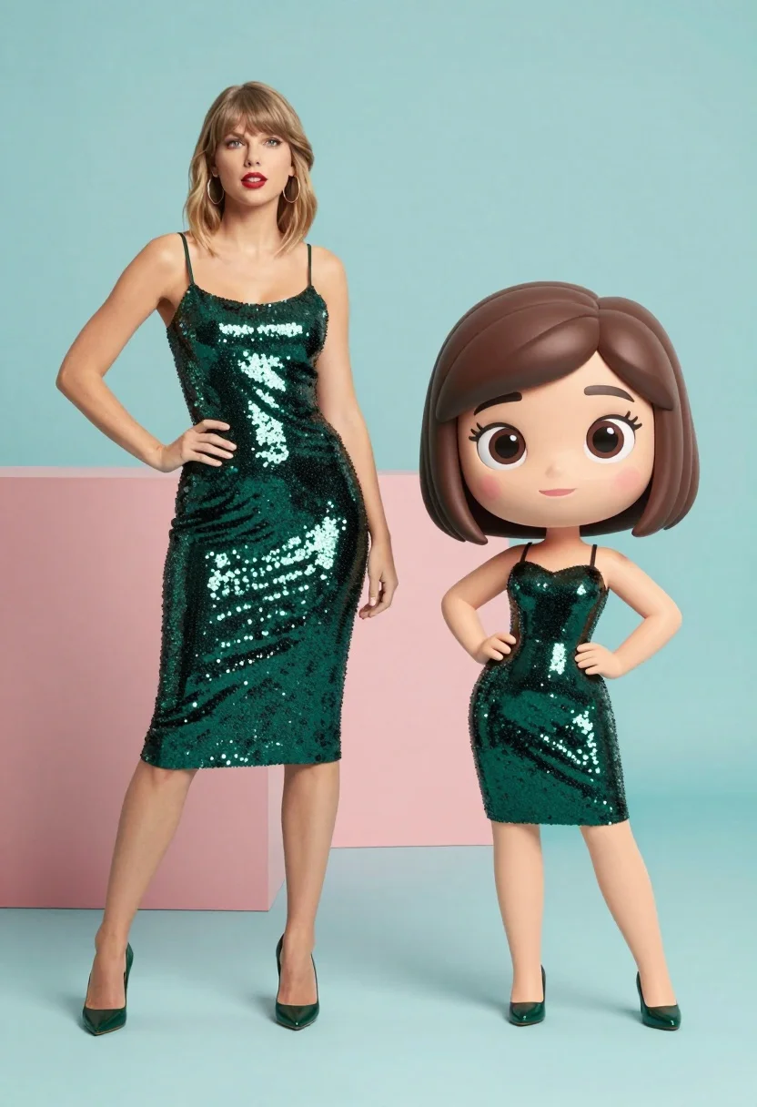 Split screen comparison of realistic woman and cartoon avatar in studio - AI generated image prompt sample