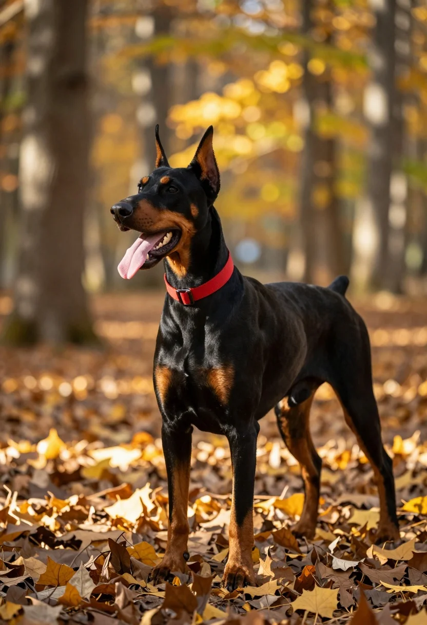 Doberman pinscher standing alert in sun dappled autumn forest woodland setting - AI generated image prompt sample