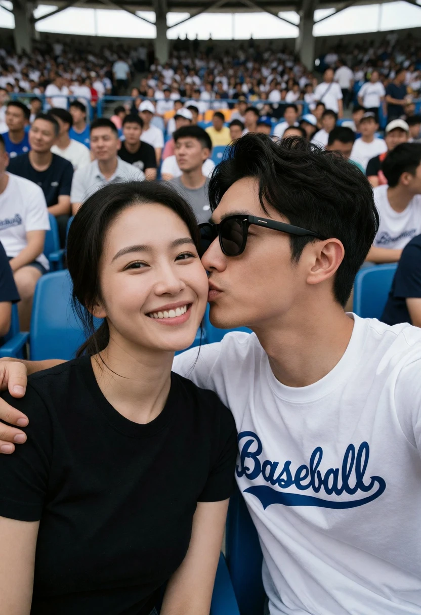 Couple sharing an affectionate moment in a crowded baseball stadium seating area - AI generated image prompt sample