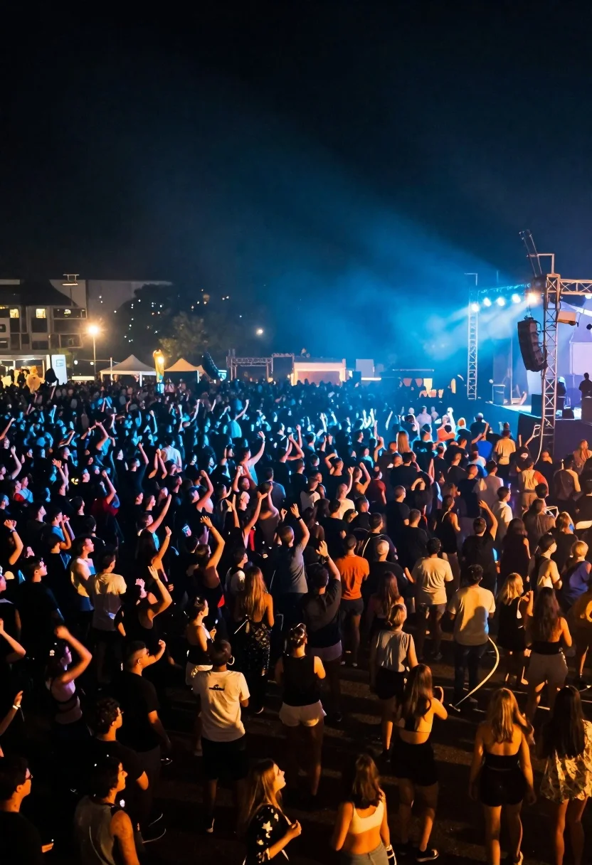 Wide view of massive festival crowd at night