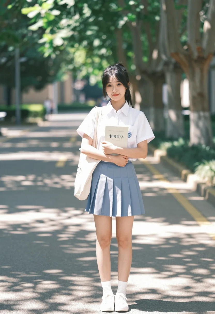 Young east asian woman smiling on sun dappled campus pathway with book - AI generated image prompt sample