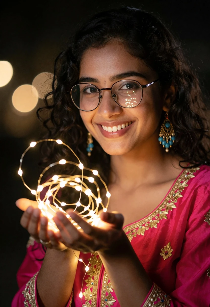 Young woman smiling holding glowing fairy lights in cupped hands portrait - AI generated image prompt sample