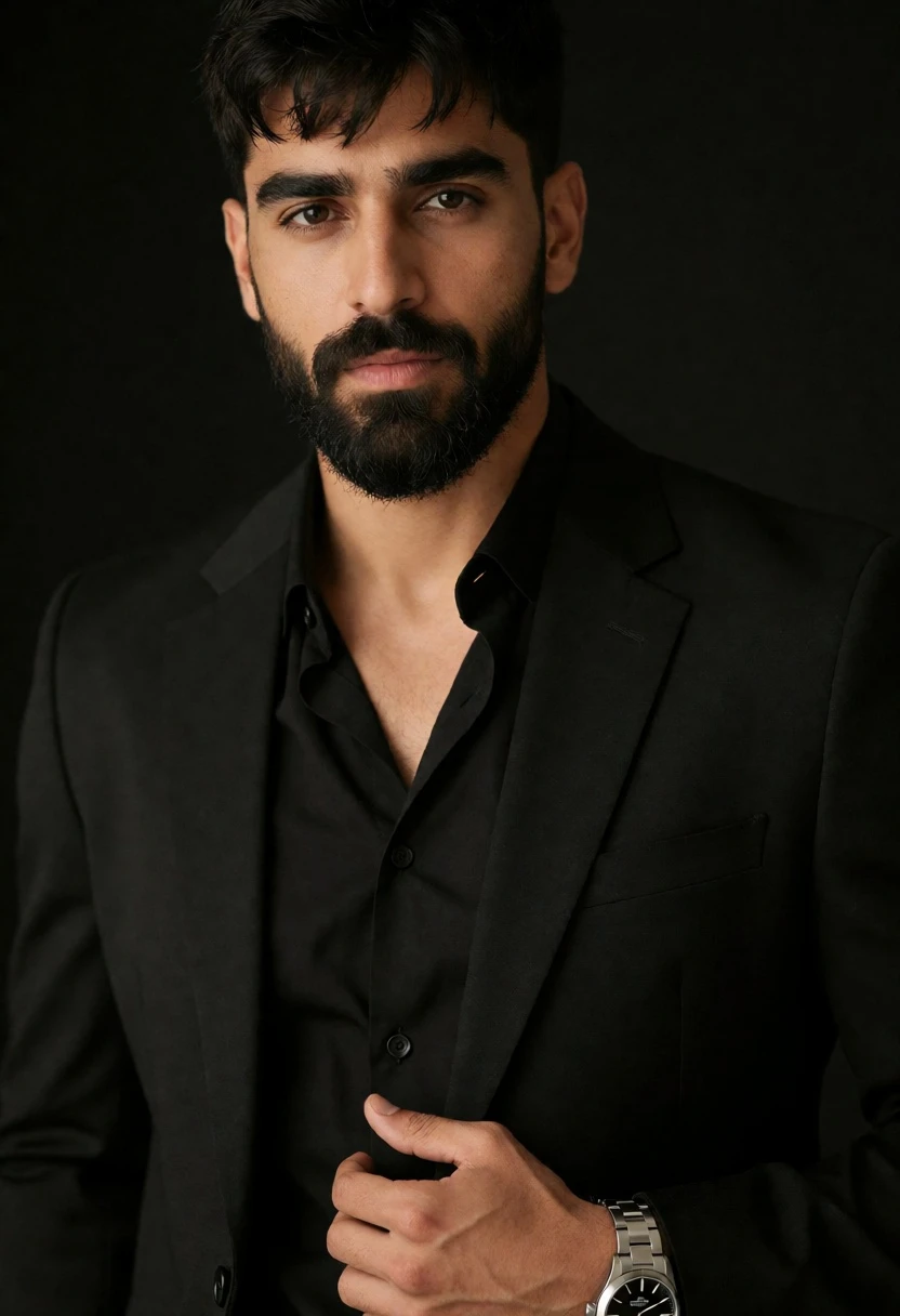 Medium close up portrait of man in black suit against dark background - AI generated image prompt sample