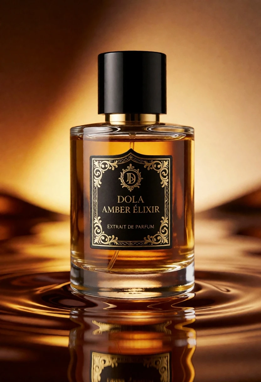 Luxury perfume bottle on rippled reflective surface with golden amber liquid - AI generated image prompt sample