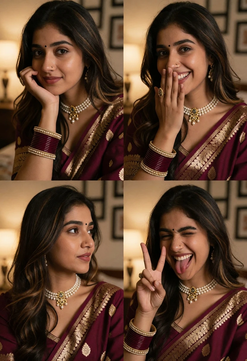Collage of four portraits featuring woman in traditional maroon outfit - AI generated image prompt sample