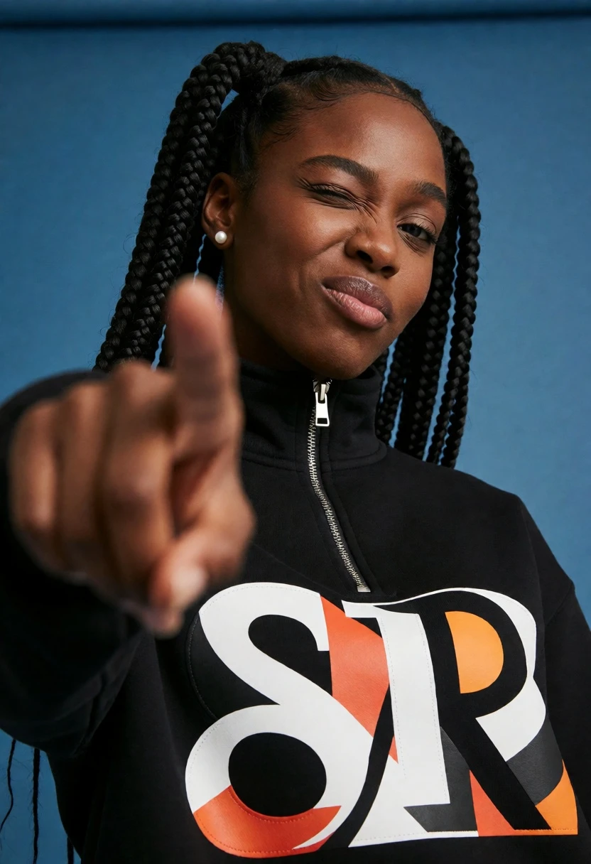 Low angle portrait of young black woman pointing playfully at camera - AI generated image prompt sample