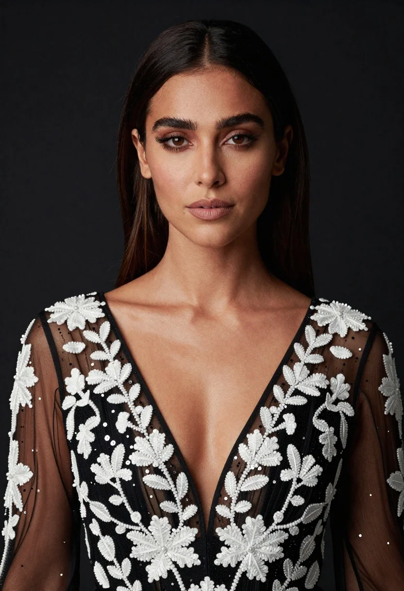 Poised woman in black embroidered gown against a dark studio backdrop