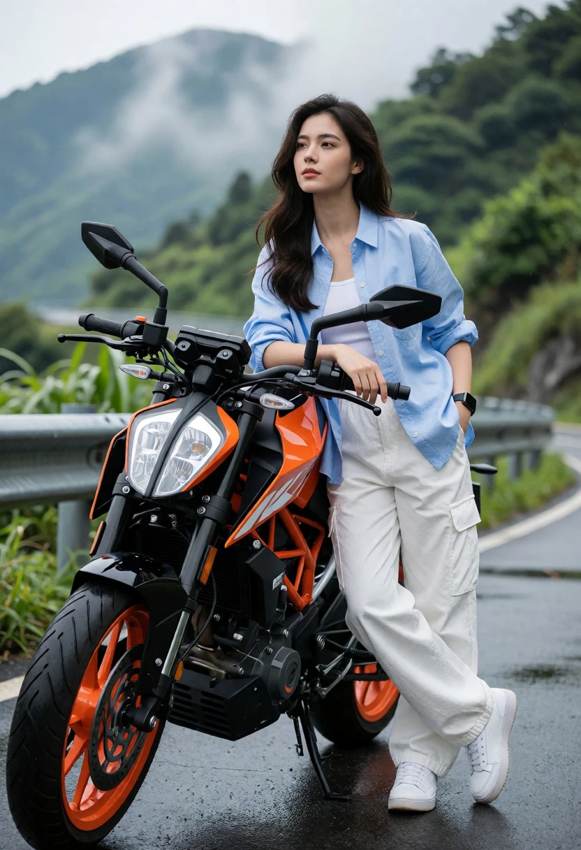 Young woman by black and orange motorcycle on wet mountain road - AI generated image prompt sample