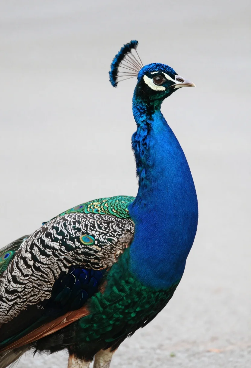 Close up portrait of majestic peacock showing vibrant iridescent plumage profile view - AI generated image prompt sample