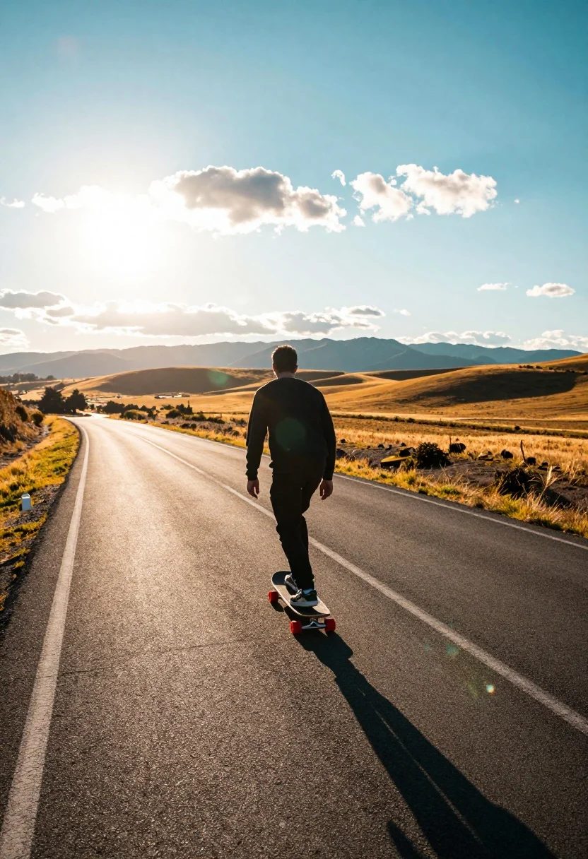 Skateboarder riding longboard down winding road through golden hills - AI generated image prompt sample