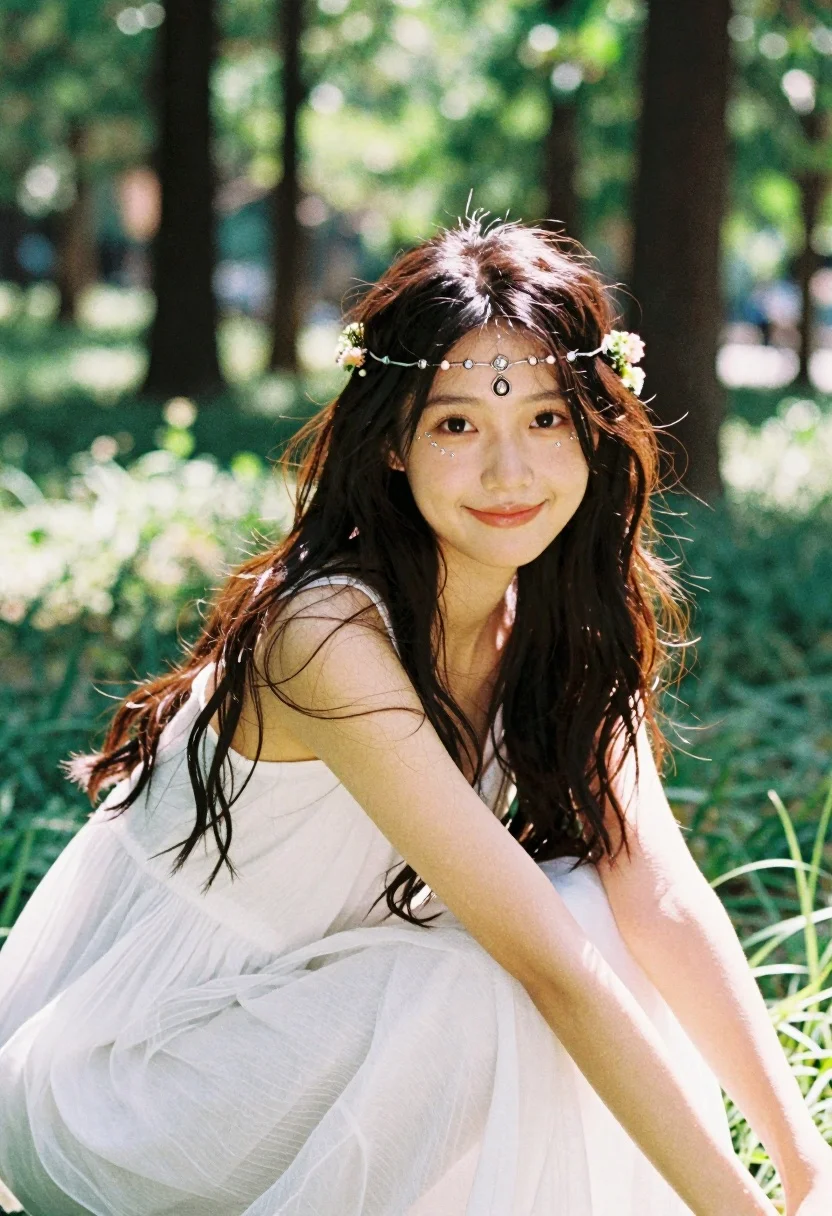 Young woman in white tulle dress sitting in sun dappled forest clearing - AI generated image prompt sample