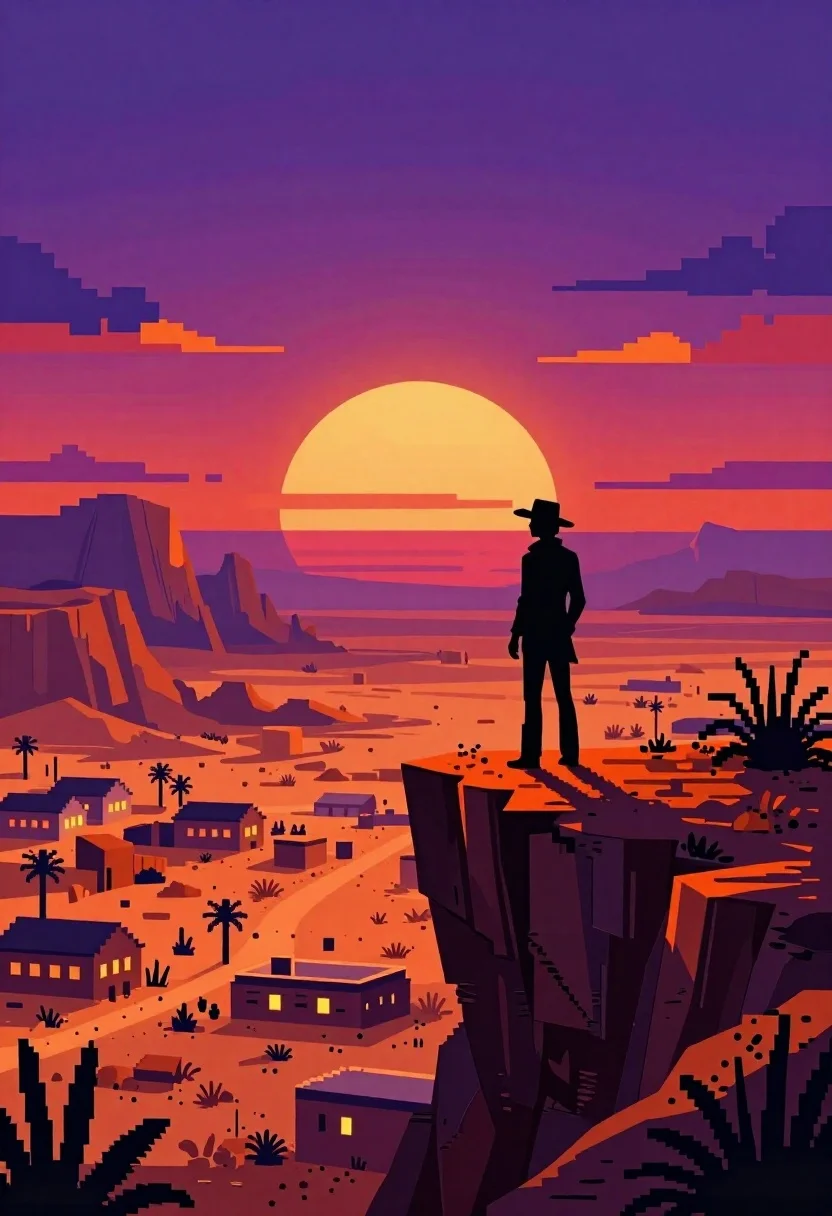 Silhouette on cliff overlooking desert town at sunset