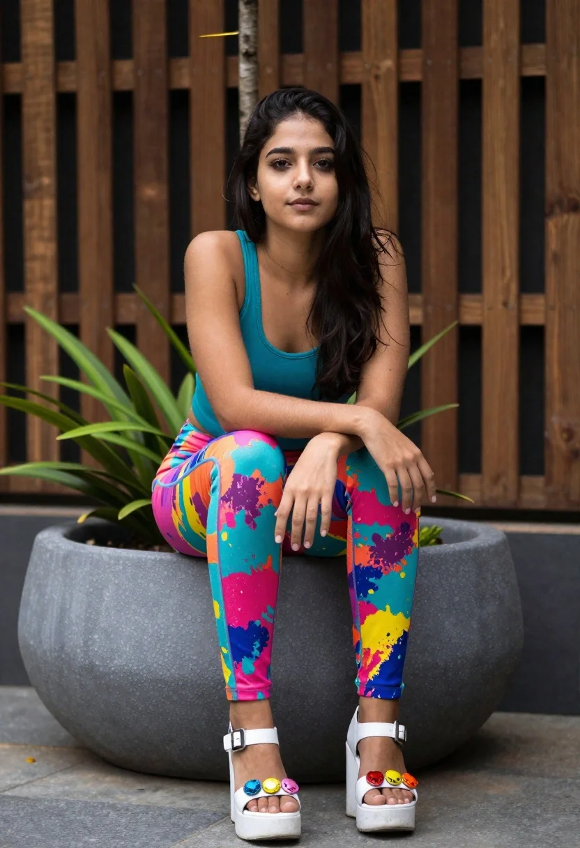 Young woman sitting on planter pot in garden with teal top