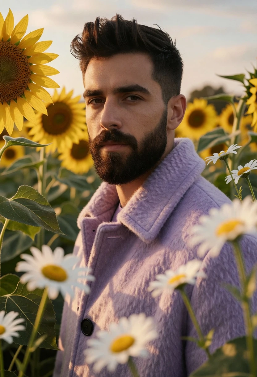 Man in purple coat standing among sunflowers and daisies field - AI generated image prompt sample