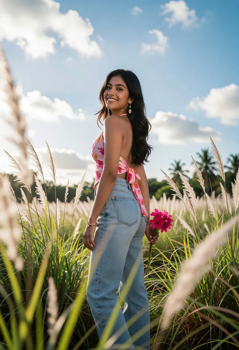 Young woman looking back over shoulder in tall green grass field - AI generated image prompt sample