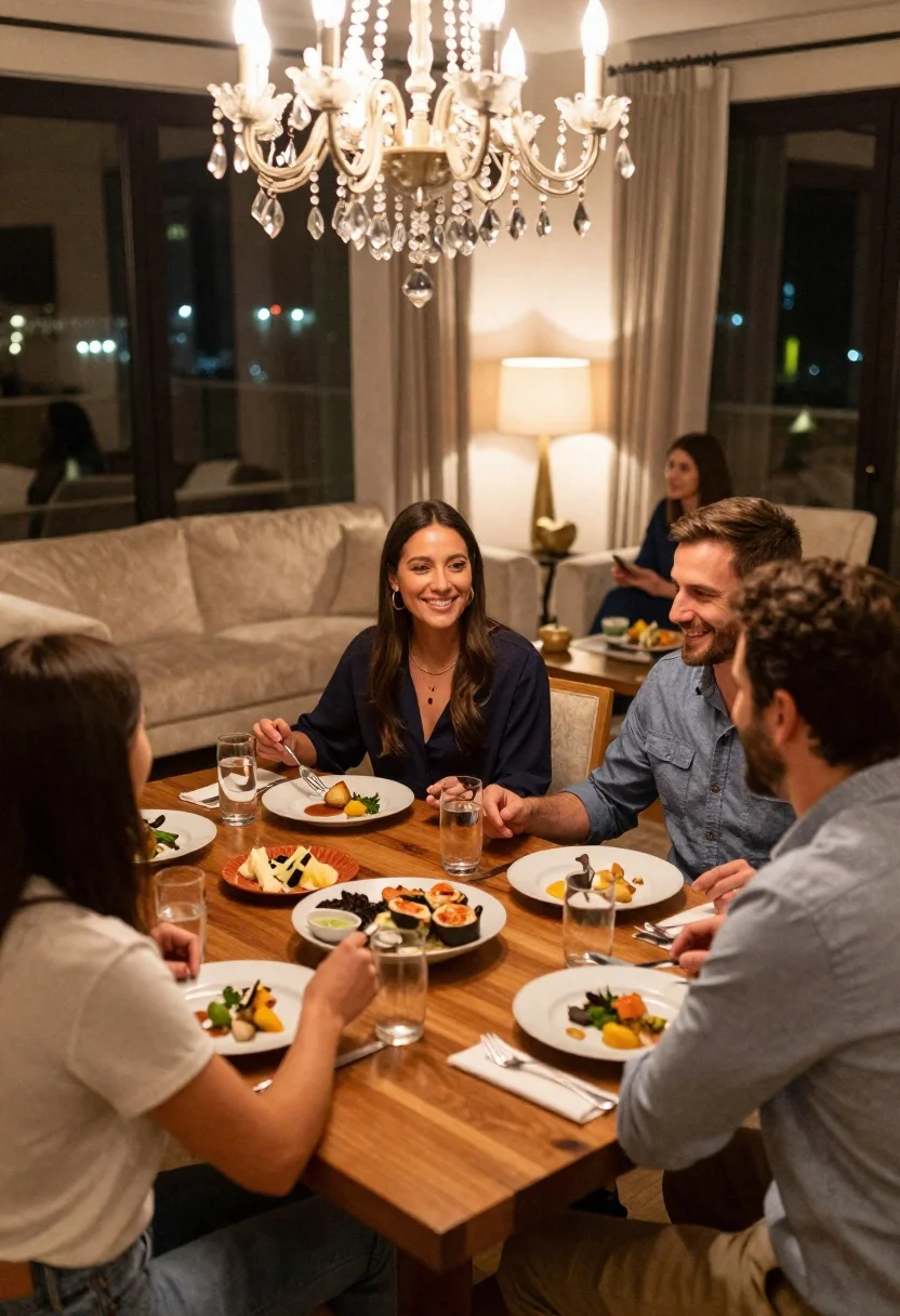 Smiling group enjoying dinner at a wooden table in a luxurious city - AI generated image prompt sample