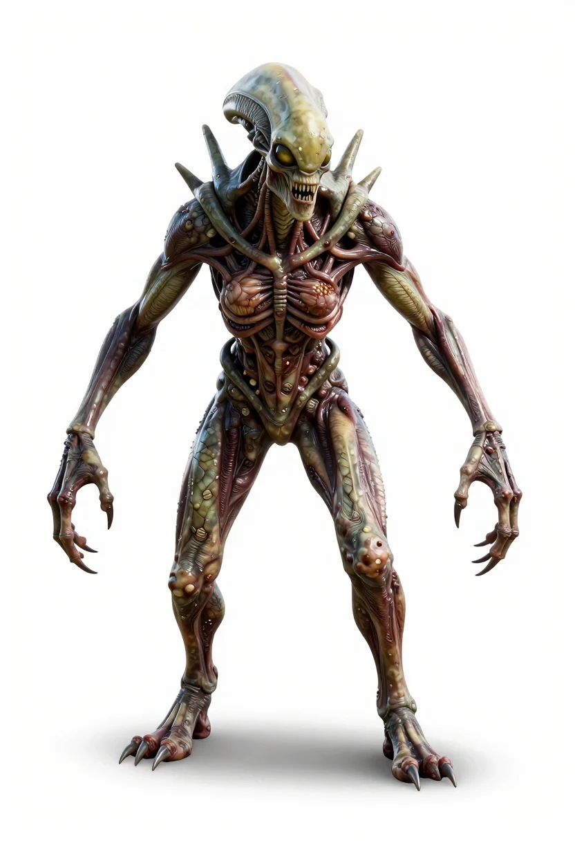 Alien humanoid creature on white studio background