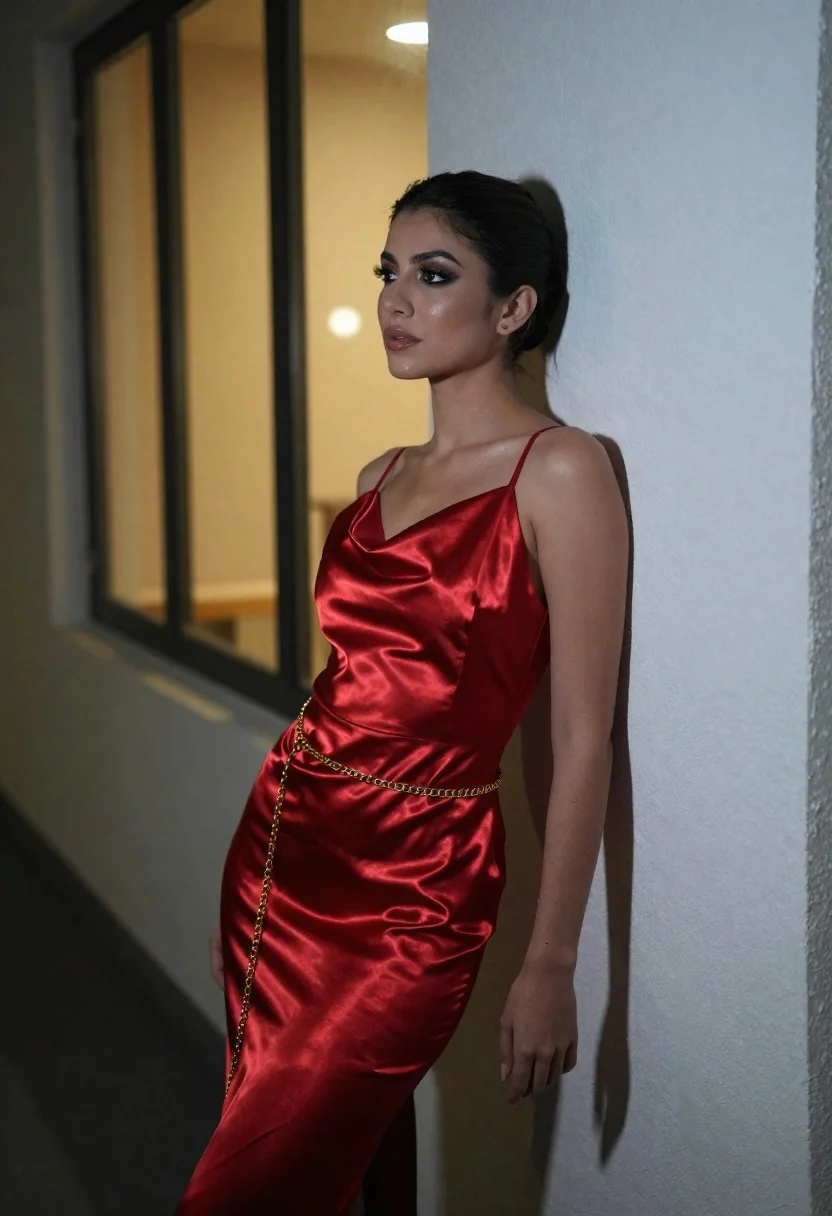 Woman in red satin slip dress leaning against white hallway wall