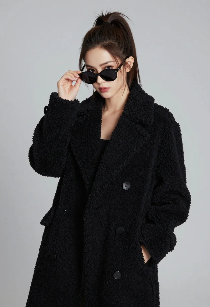 Stylish young woman in black teddy coat adjusting sunglasses against gray background - AI generated image prompt sample