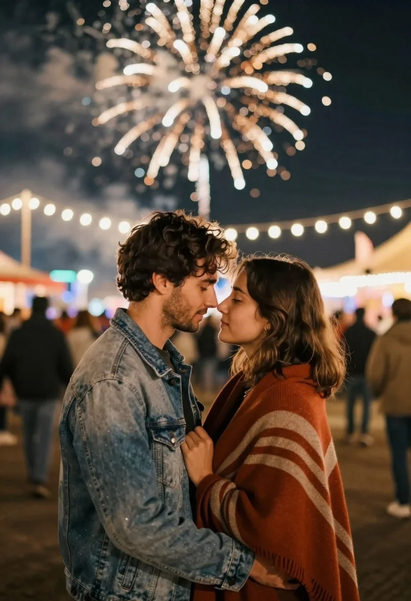 Young couple embracing under fireworks at a night festival - AI generated image prompt sample