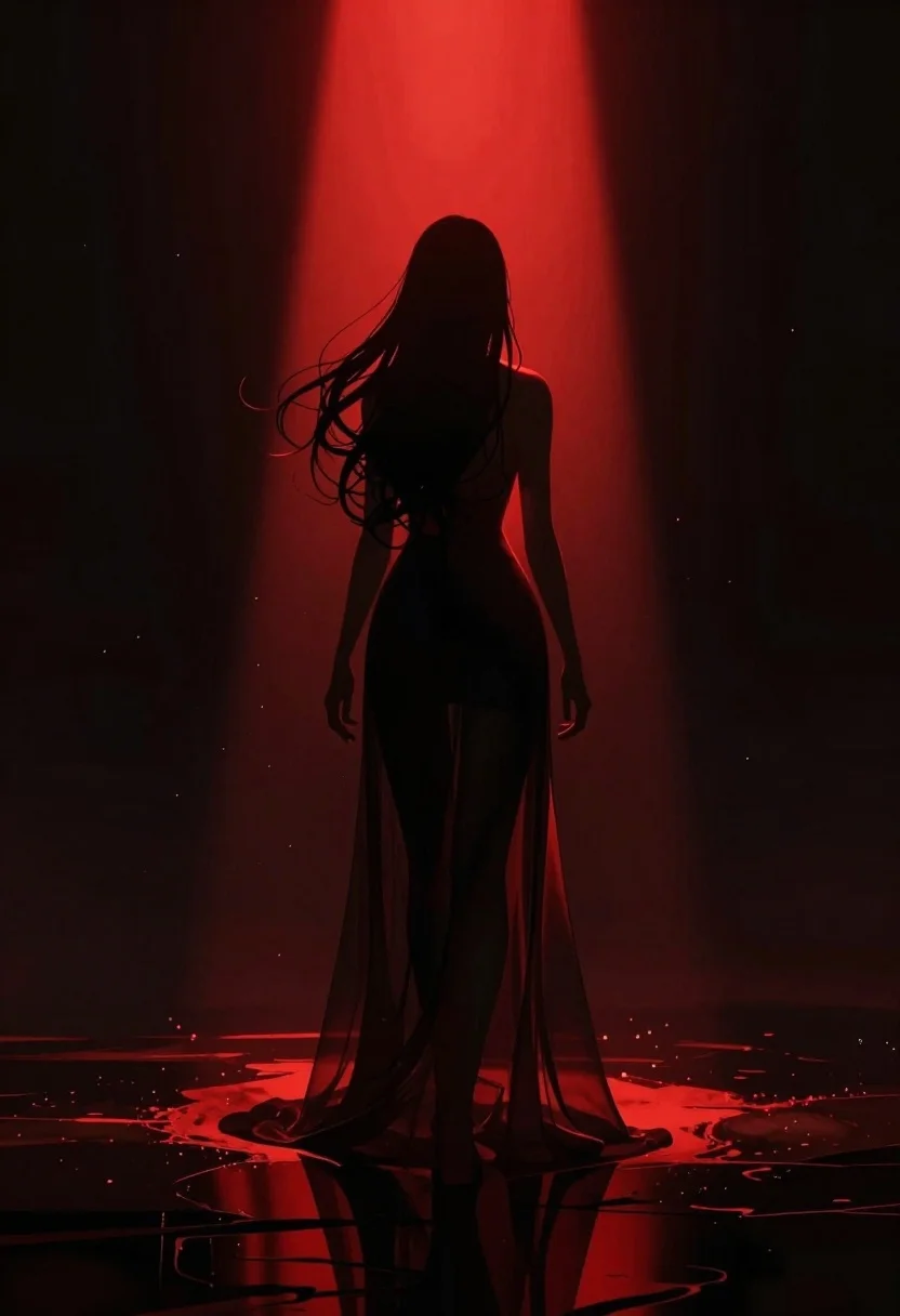 Silhouette of woman under dramatic red light beam